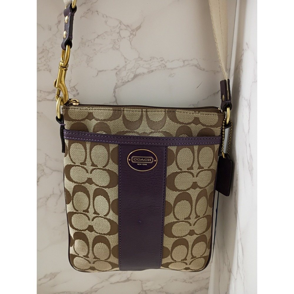 COACH Legacy Signature Stripe Khaki/Violet Swingpack Crossbody Bag - EUC